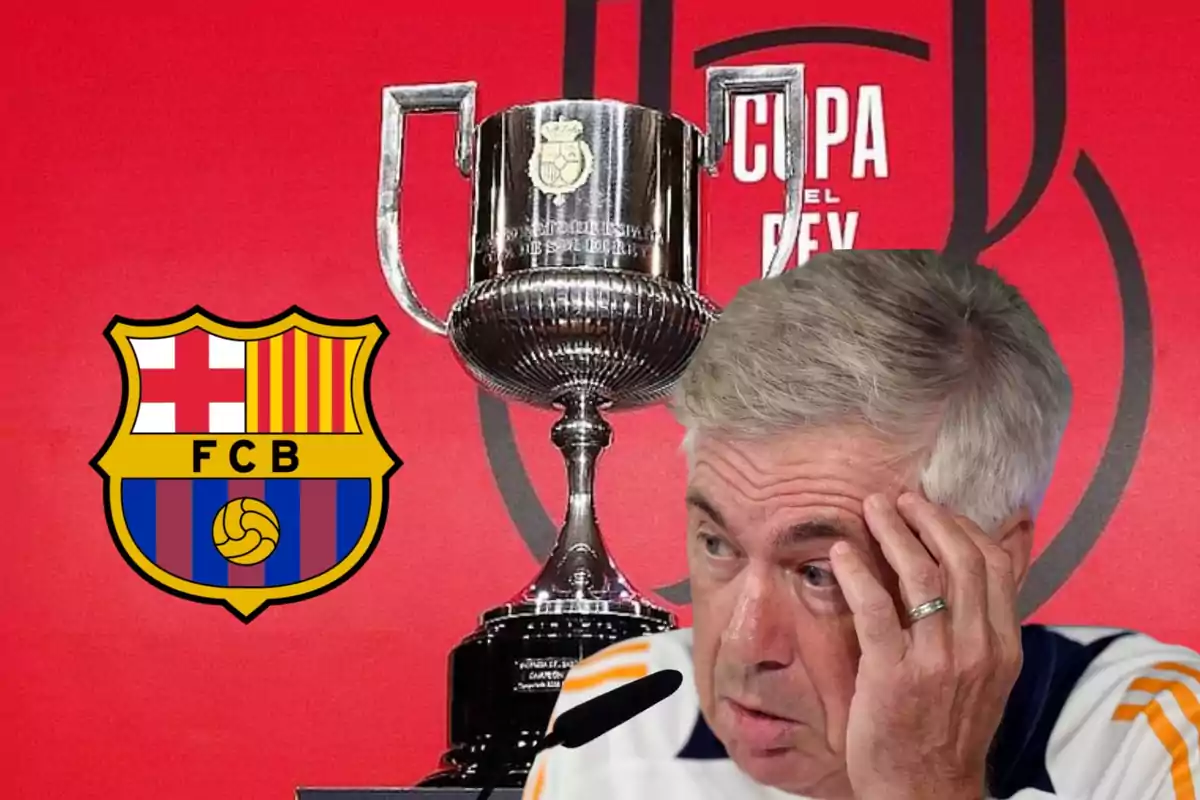 Un hombre con expresión pensativa frente a un trofeo de la Copa del Rey y el escudo del FCB sobre un fondo rojo. Un hombre con expresión pensativa frente a un trofeo de la Copa del Rey y el escudo del FCB sobre un fondo rojo.