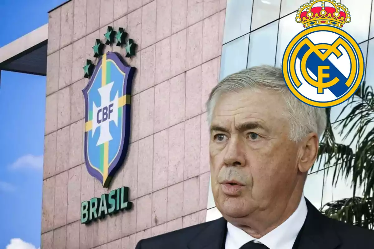 Un hombre de cabello canoso con expresión seria aparece frente a un edificio con el escudo de la Confederación Brasileña de Fútbol y el logo del Real Madrid.