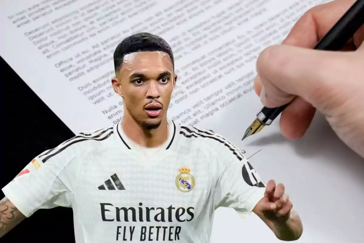 Futbolista del Real Madrid con uniforme blanco frente a un contrato siendo firmado con una pluma