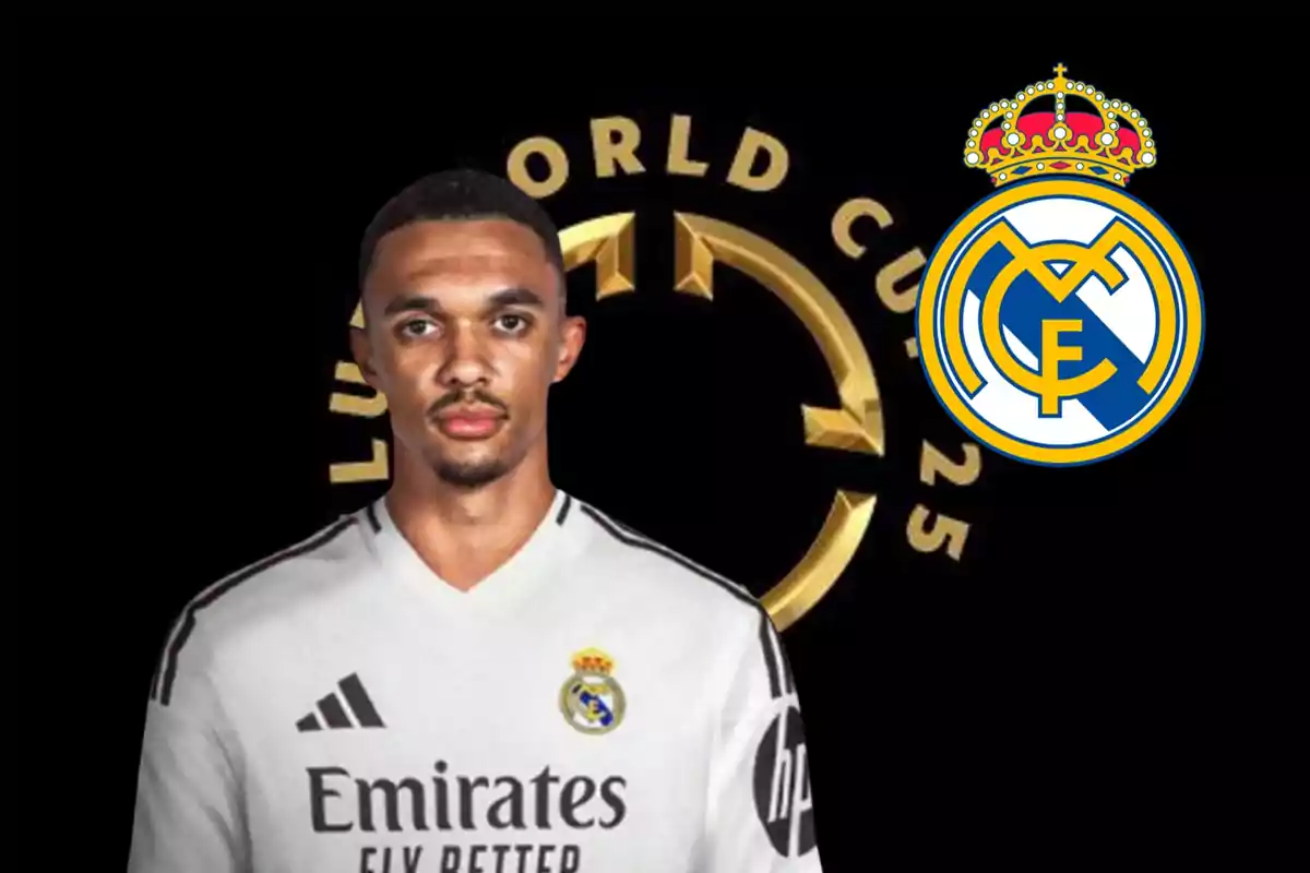 Un jugador de fútbol con la camiseta del Real Madrid frente a un fondo negro con el logo del Mundial de Clubes 2025 y el escudo del Real Madrid. Un jugador de fútbol con la camiseta del Real Madrid frente a un fondo negro con el logo del Mundial de Clubes 2025 y el escudo del Real Madrid.