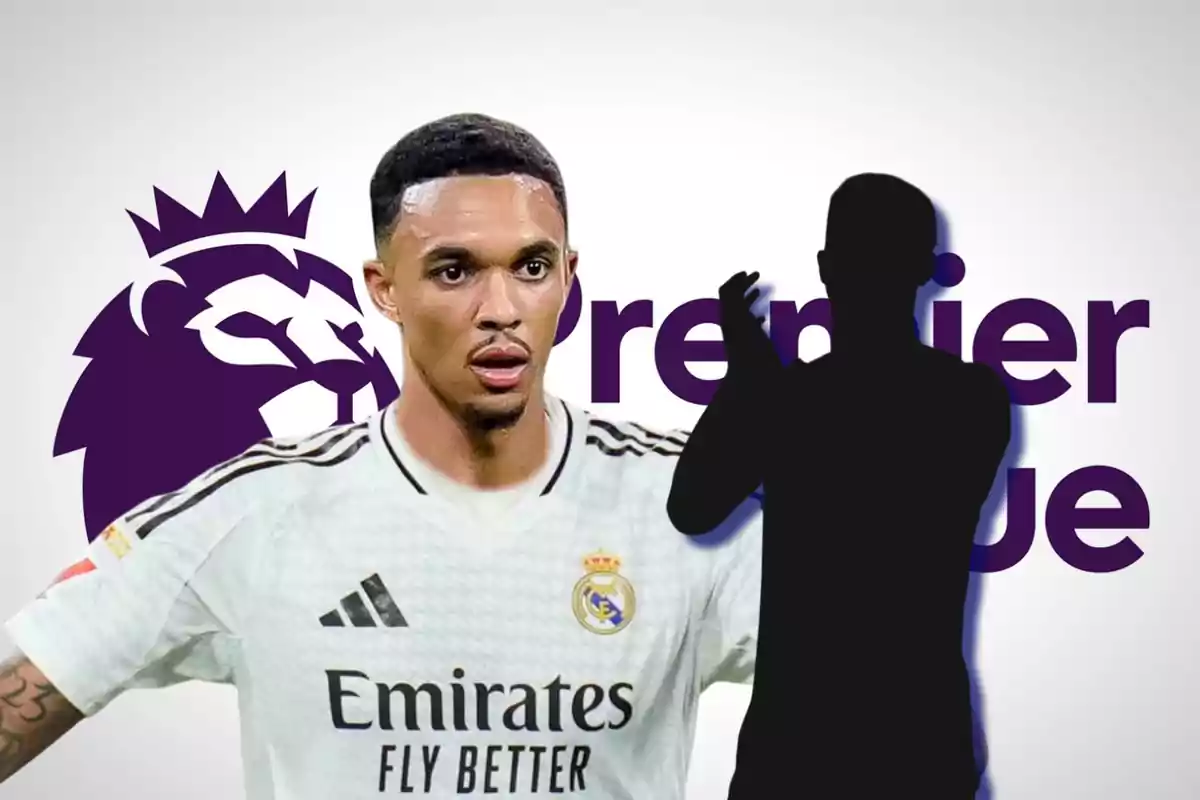 Jugador de fútbol con camiseta del Real Madrid frente al logo de la Premier League y una silueta negra.