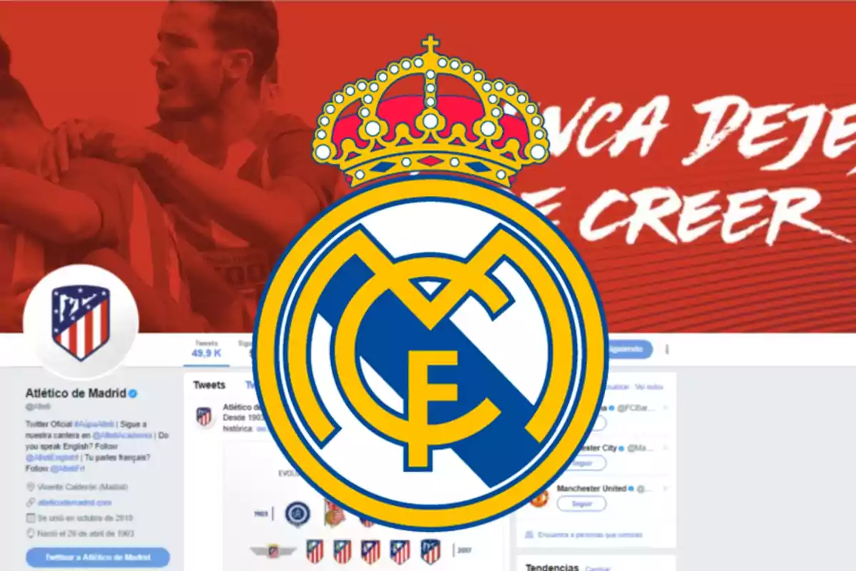 Un logo del Real Madrid superpuesto sobre una captura de pantalla del perfil de Twitter del Atlético de Madrid, con un fondo rojo y texto en blanco.