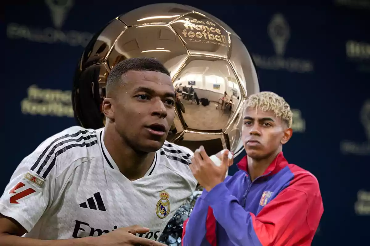 Dos futbolistas con uniformes de Real Madrid y Barcelona aparecen frente a un Balón de Oro gigante en un fondo oscuro