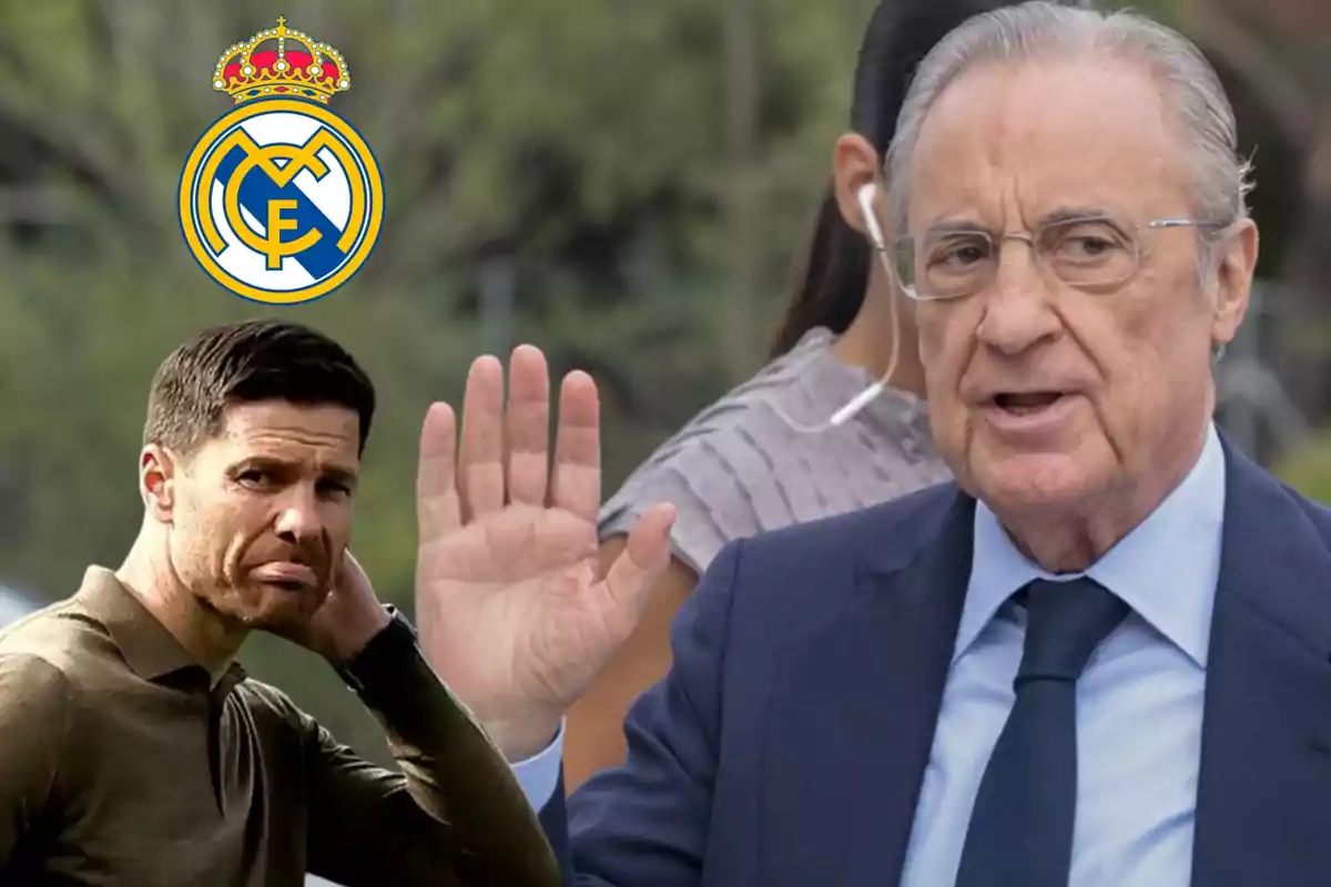 Dos hombres en un montaje con el logo del Real Madrid en el fondo, uno de ellos levanta la mano y el otro se toca el cuello.