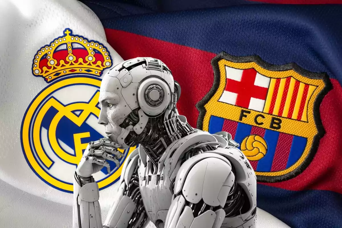 Un robot pensativo frente a los escudos de Real Madrid y FC Barcelona.