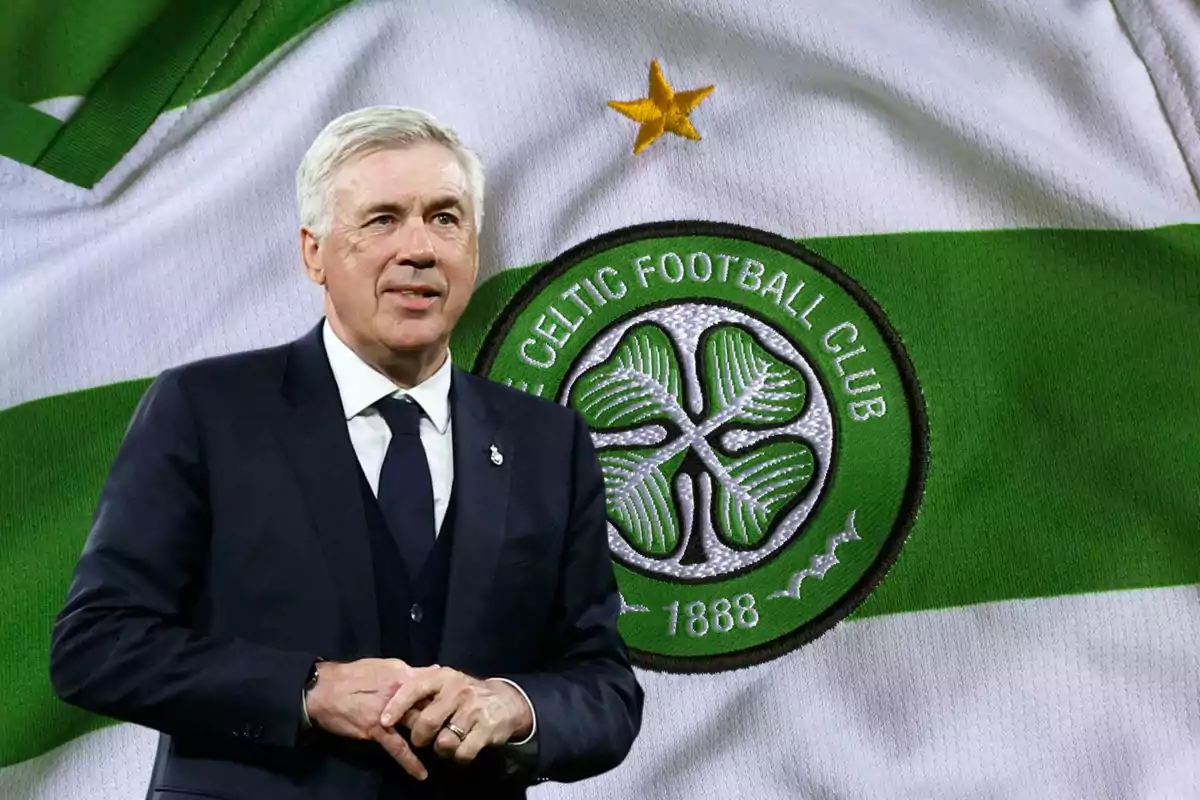 Un hombre de traje frente a un fondo con el escudo del Celtic Football Club.