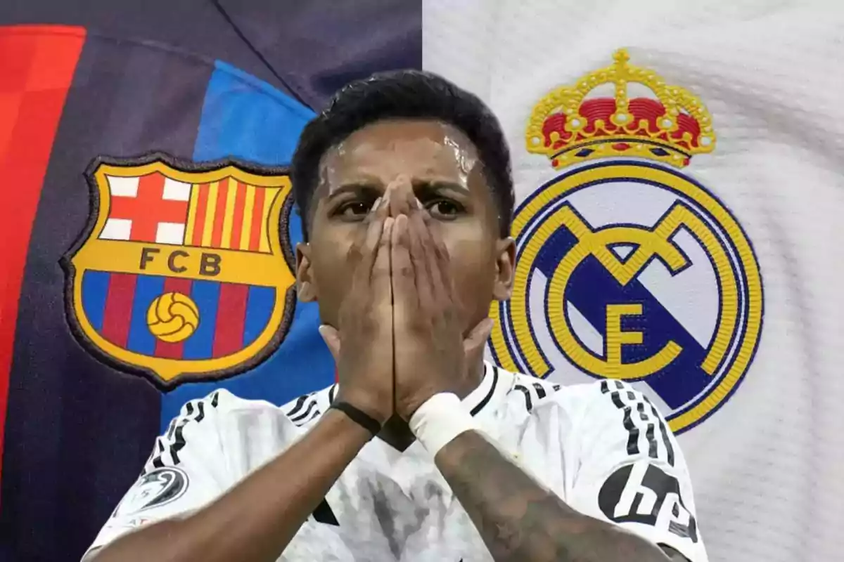 Un jugador de fútbol con las manos en el rostro está frente a los escudos de dos equipos rivales.