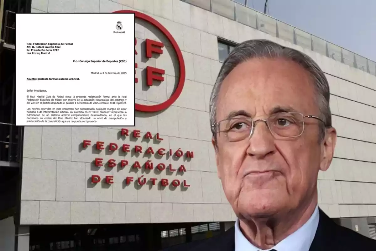 Un hombre con gafas aparece frente al edificio de la Real Federación Española de Fútbol, junto a una carta con membrete del Real Madrid dirigida a la federación, expresando una protesta formal sobre el sistema arbitral.