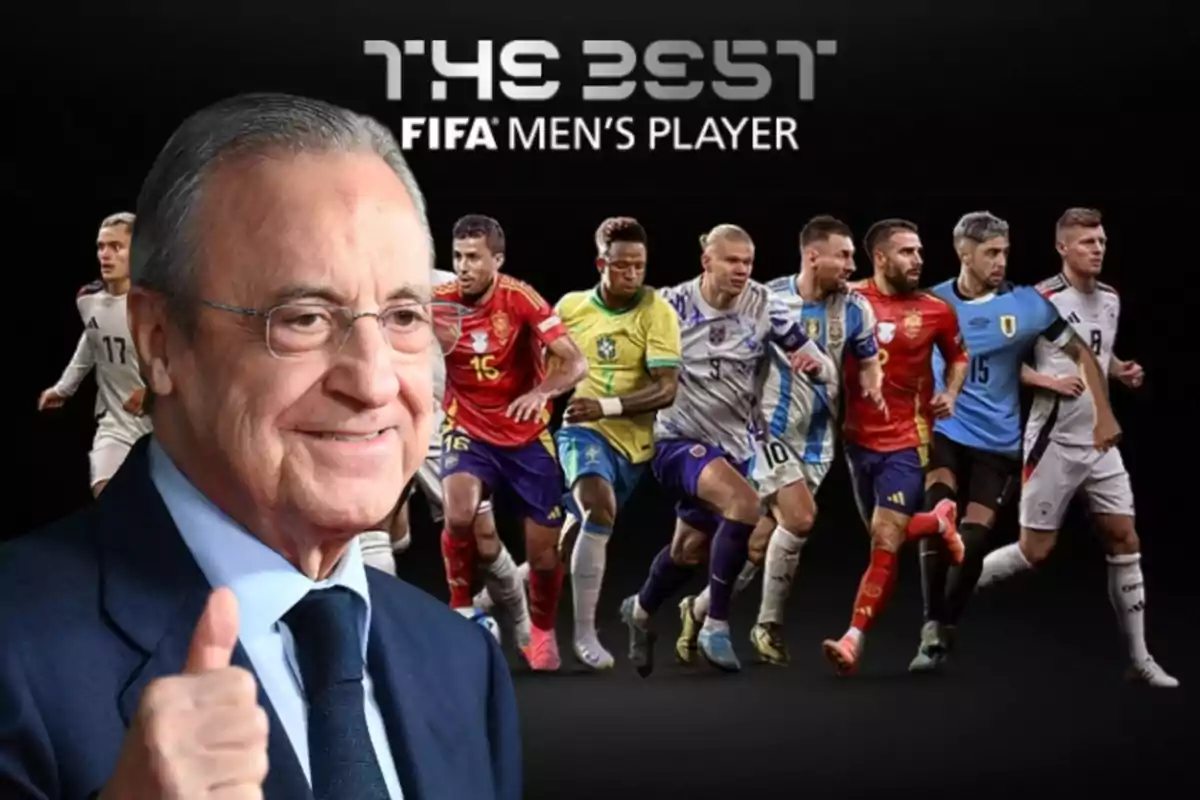 Un hombre con gafas y traje sonríe y hace un gesto de aprobación con el pulgar levantado, mientras detrás de él se ven varios futbolistas en acción bajo el título "The Best FIFA Men's Player".