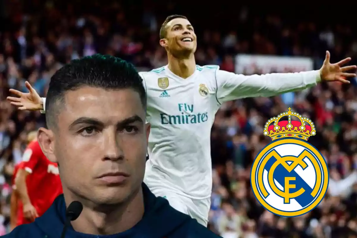 Cristiano Ronaldo con el uniforme del Real Madrid celebrando un gol y el escudo del club a la derecha