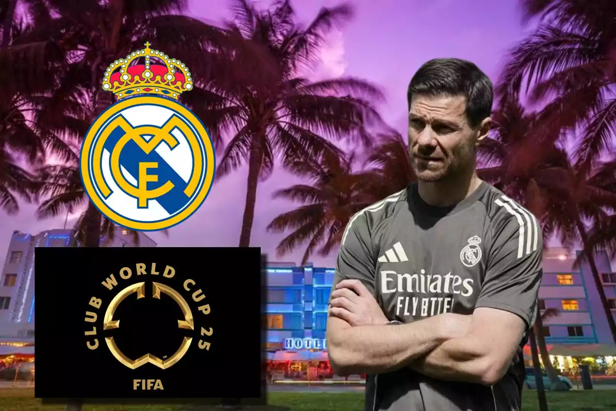 Entrenador del Real Madrid con fondo de palmeras al atardecer y los logos del club y del Mundial de Clubes 2025