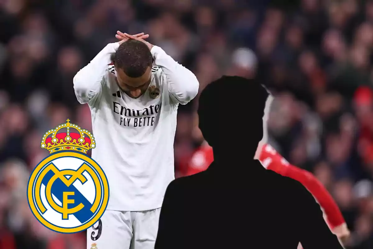 Un jugador de fútbol del Real Madrid con las manos en la cabeza y una silueta negra en primer plano junto al escudo del equipo.