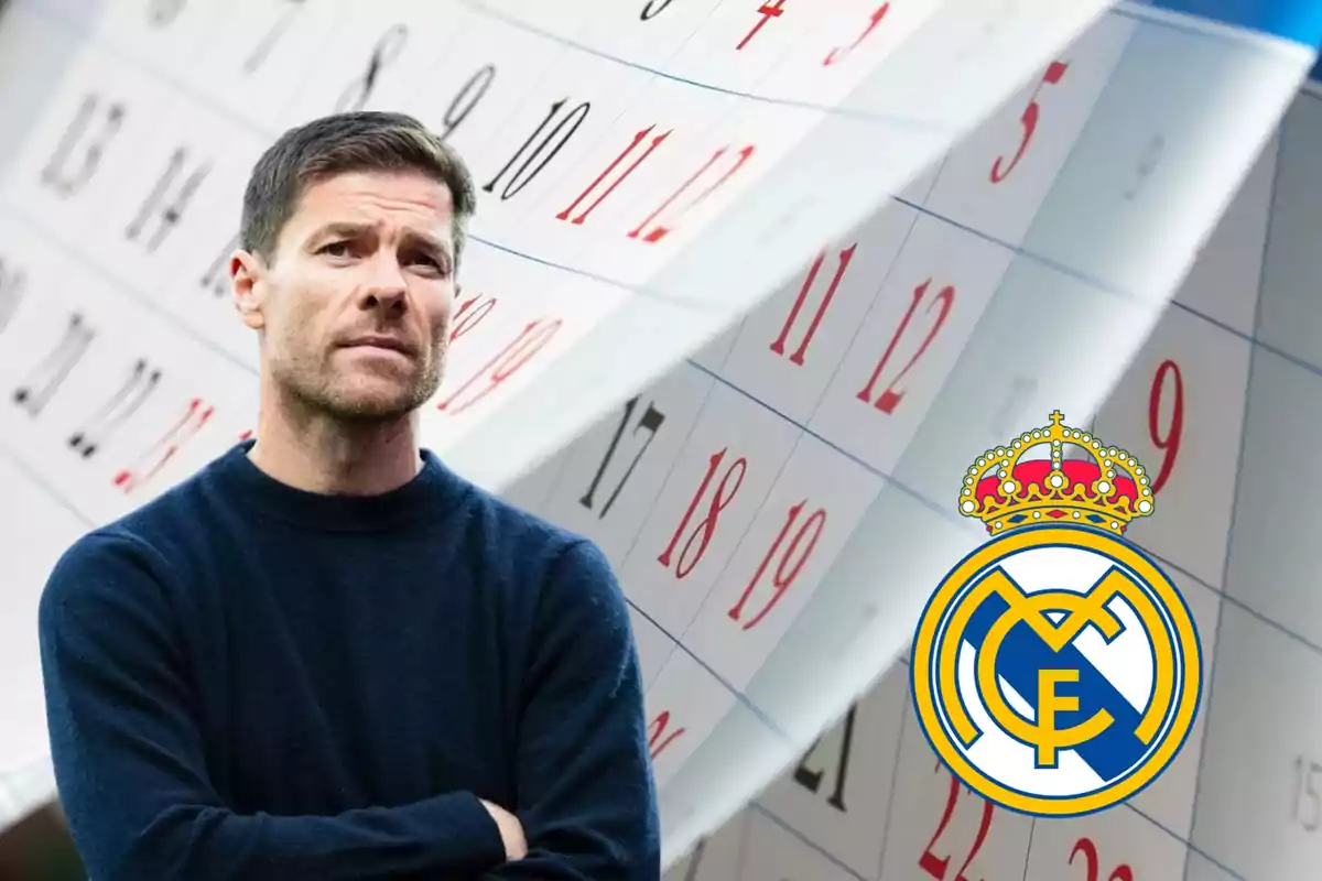 Hombre pensativo frente a un calendario con el escudo del Real Madrid en la esquina