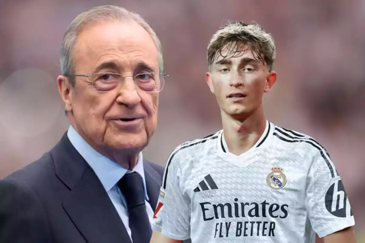 Un hombre mayor con gafas y traje junto a un joven con camiseta de fútbol del Real Madrid.
