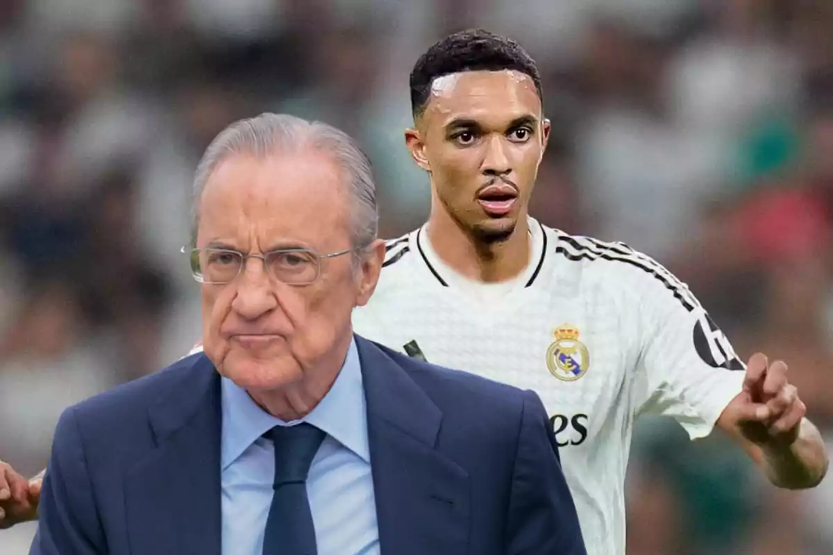 Un hombre mayor con traje y gafas está en primer plano, mientras que detrás de él hay un jugador de fútbol con el uniforme del Real Madrid.