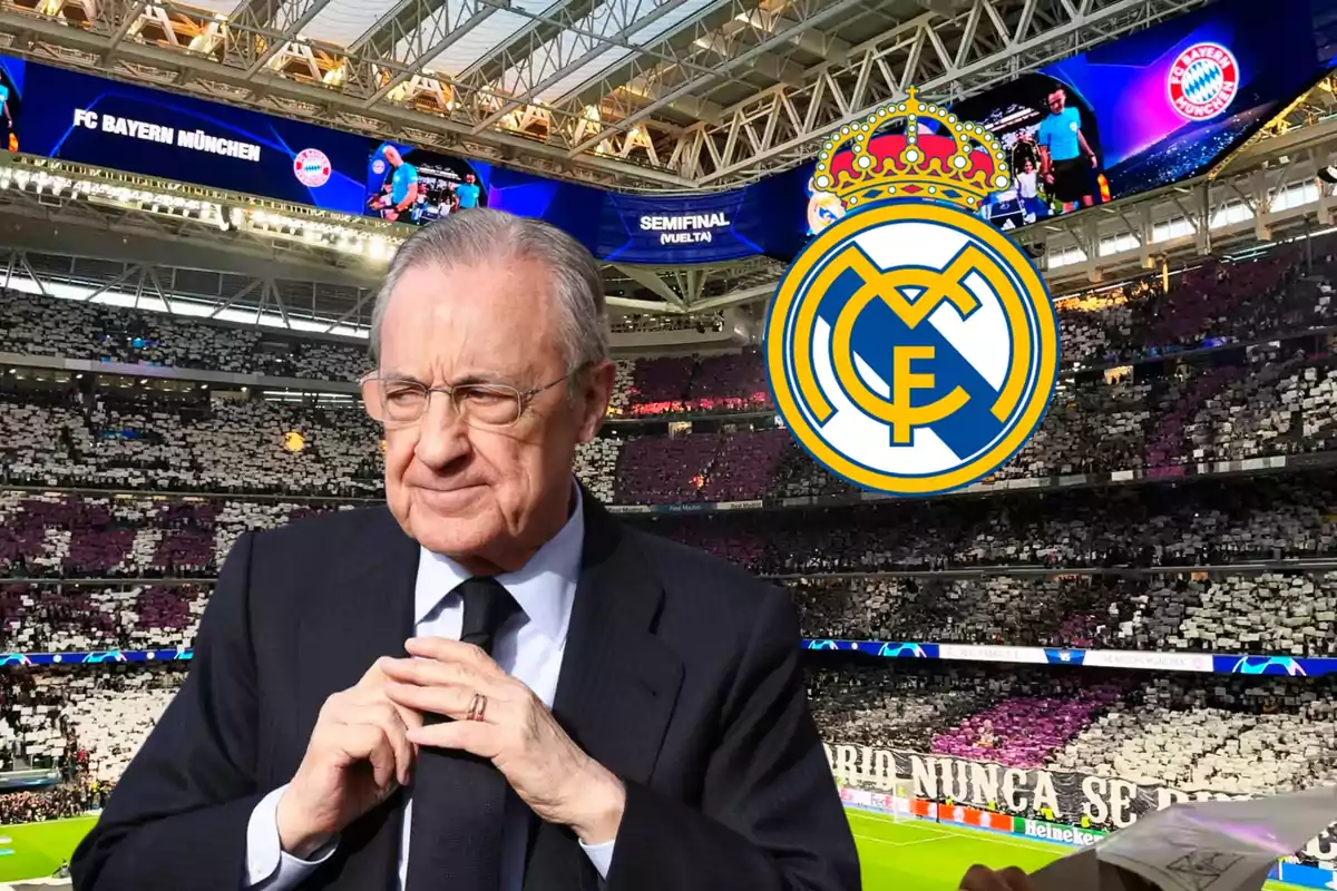 Un hombre de traje en un estadio de fútbol con el logo del Real Madrid y una pantalla que muestra "Semifinal (Vuelta)" y "FC Bayern München".