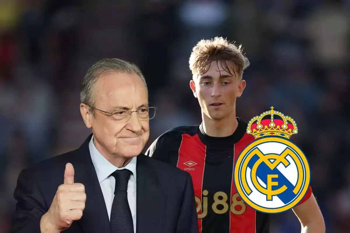Un hombre con traje hace un gesto de aprobación con el pulgar levantado junto a un jugador de fútbol y el escudo del Real Madrid.