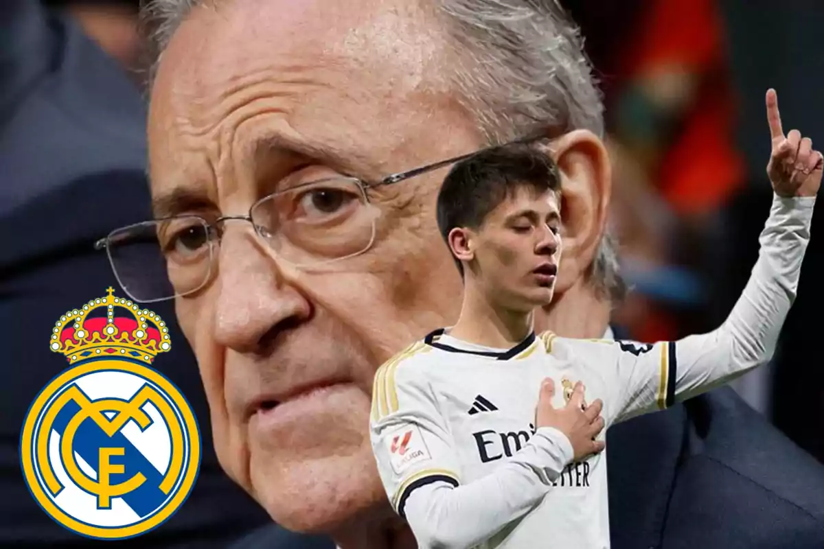 Un hombre mayor con gafas y expresión seria aparece en el fondo, mientras que en primer plano hay un joven futbolista con la mano en el pecho y el logo del Real Madrid.