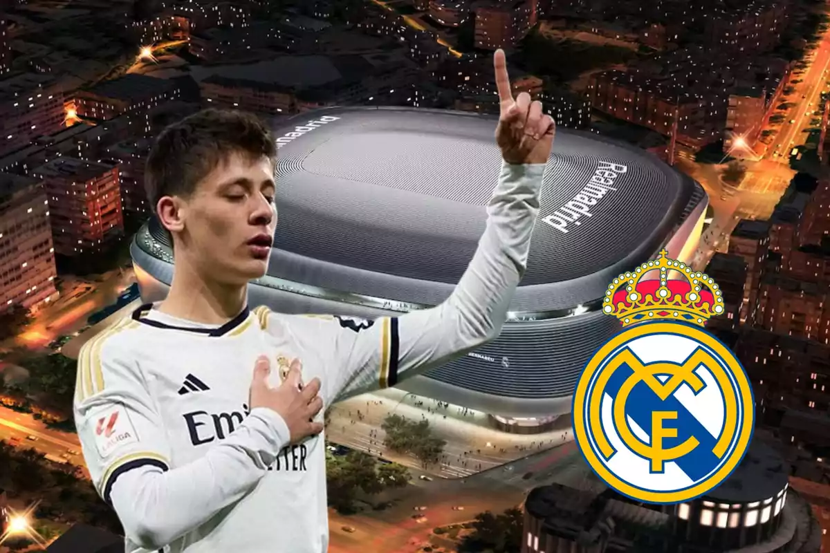 Un jugador de fútbol con la camiseta del Real Madrid celebra con el estadio del equipo de fondo y el escudo del club en primer plano.