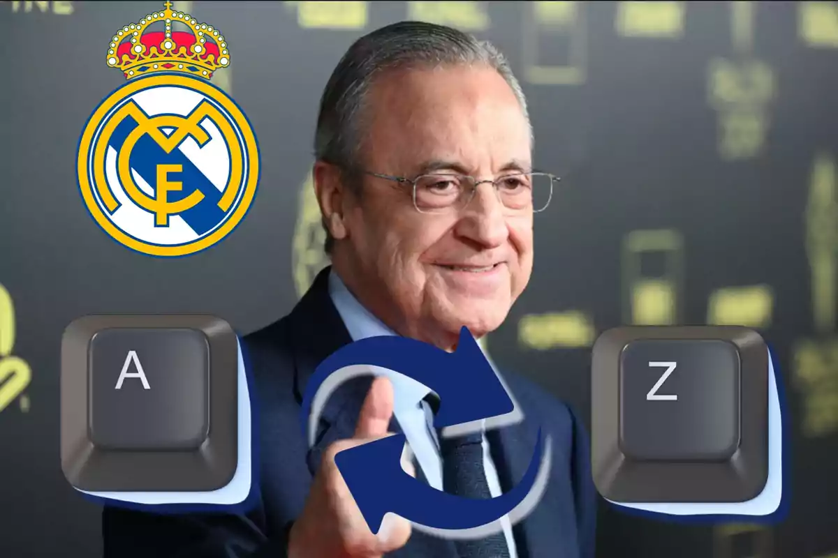 Hombre mayor con gafas sonriendo, el escudo del Real Madrid en la esquina superior izquierda, teclas de computadora con las letras A y Z a los lados y un símbolo de intercambio en el centro