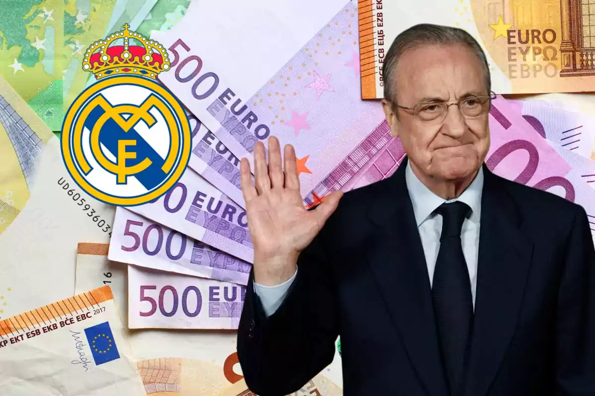 Un hombre en traje levanta la mano frente a billetes de euro y el escudo de un equipo de fútbol.