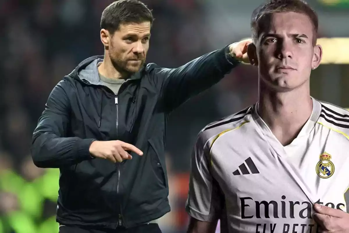 Un entrenador de fútbol señala mientras un jugador con camiseta del Real Madrid aparece en primer plano