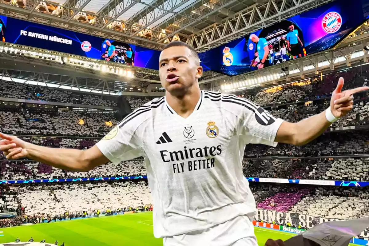 Un jugador de fútbol con la camiseta del Real Madrid celebra en un estadio lleno de aficionados, con pantallas que muestran el logo del Bayern Múnich.