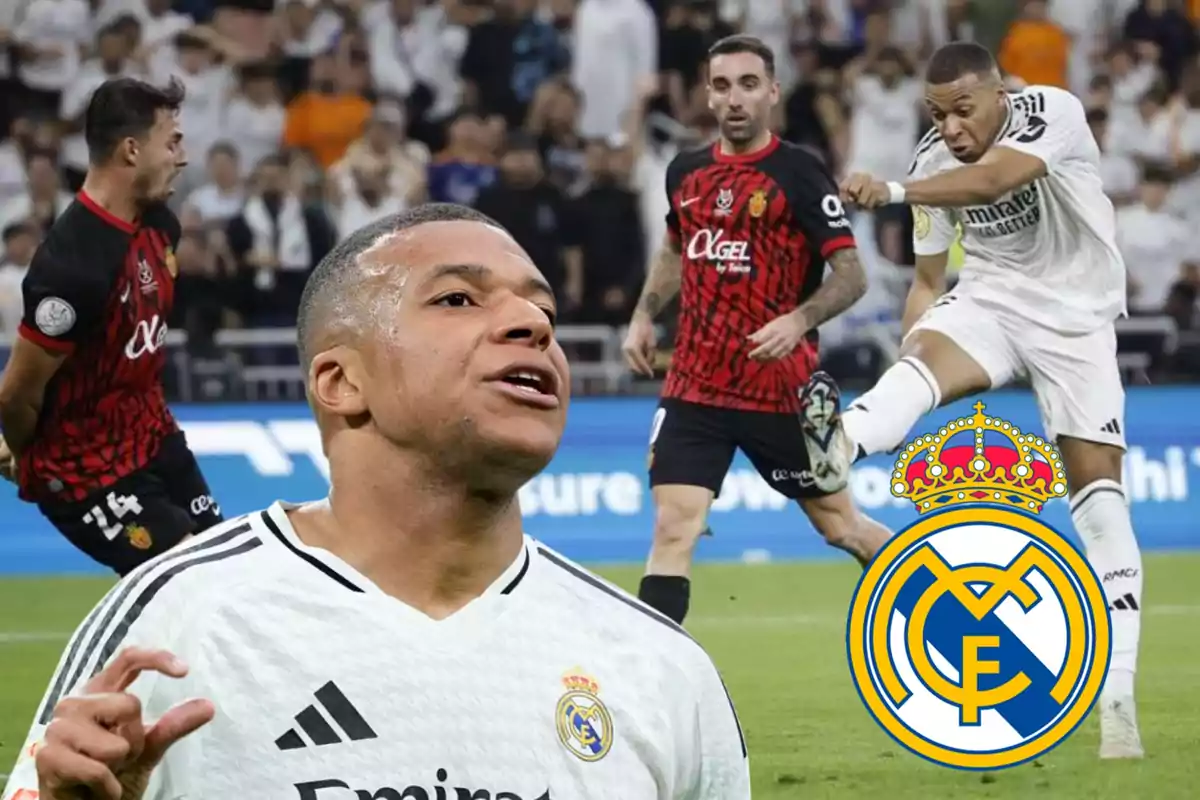 Un jugador de fútbol con uniforme blanco está en acción durante un partido, mientras que otros jugadores con uniforme rojo y negro lo observan, y el escudo del Real Madrid se muestra en la esquina.