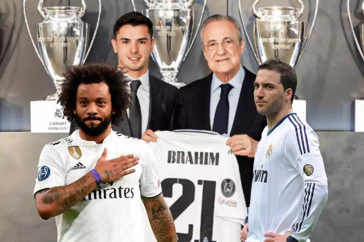 Jugadores de fútbol del Real Madrid posan frente a trofeos de la UEFA Champions League, con una camiseta que tiene el nombre "Brahim".