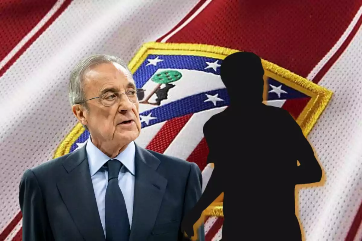 Un hombre mayor con traje frente a un fondo con el escudo de un equipo de fútbol y la silueta de una persona.