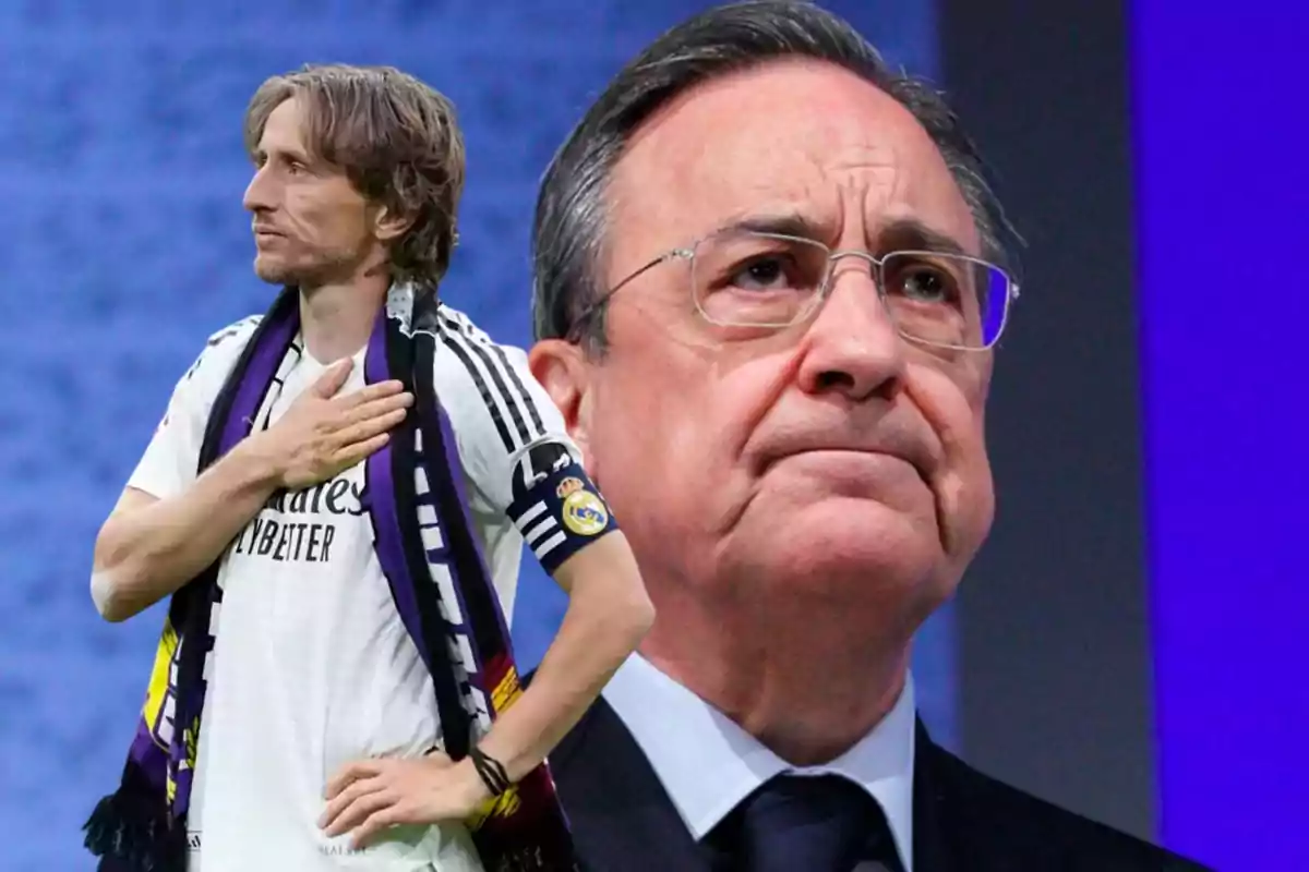 Un futbolista del Real Madrid con una bufanda del equipo y la mano en el pecho aparece en primer plano mientras al fondo se observa el rostro serio de un hombre mayor con gafas y traje.