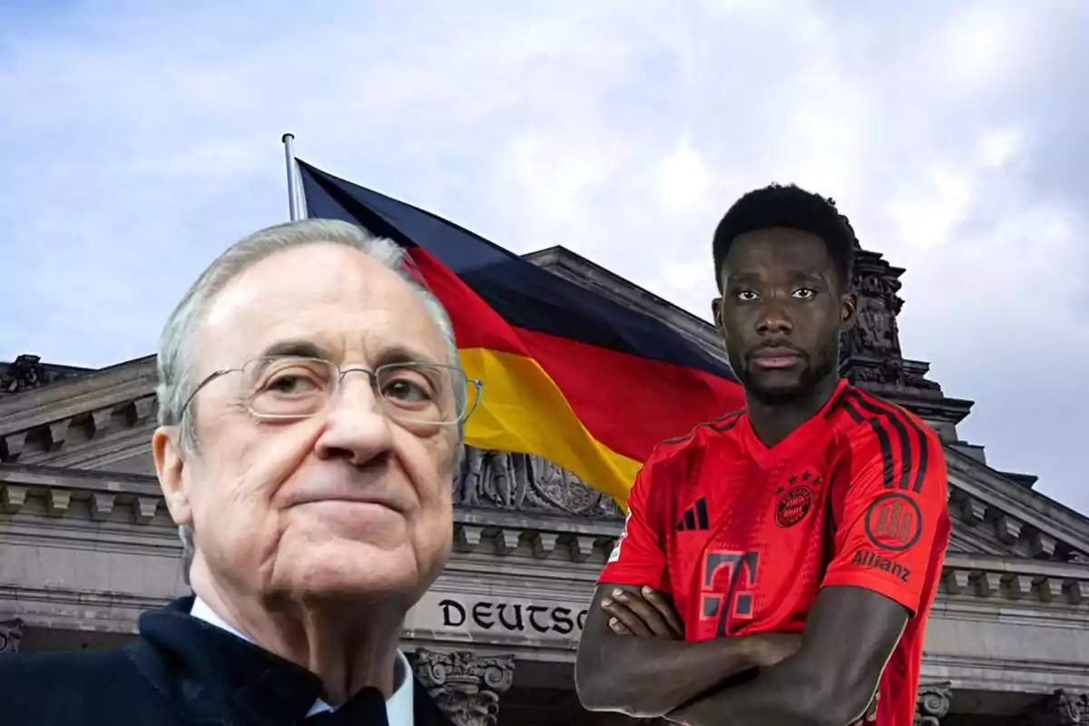 Dos personas frente a un edificio con una bandera de Alemania ondeando en el fondo.