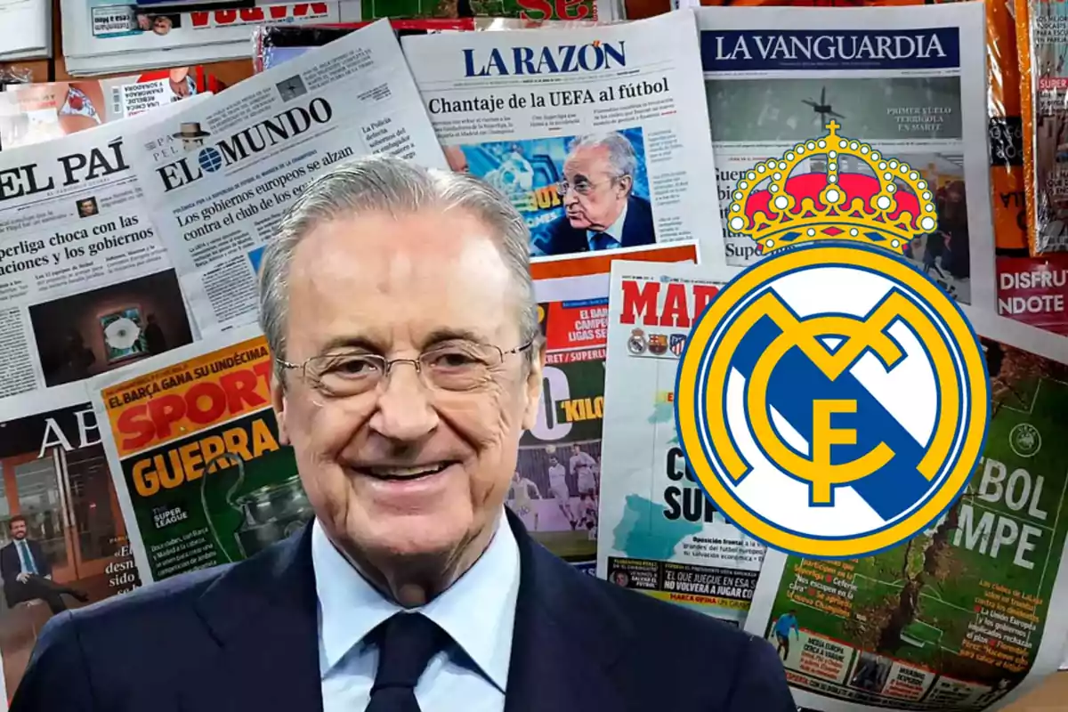 Un hombre sonriente con gafas y traje oscuro aparece frente a una variedad de periódicos y el escudo del Real Madrid.