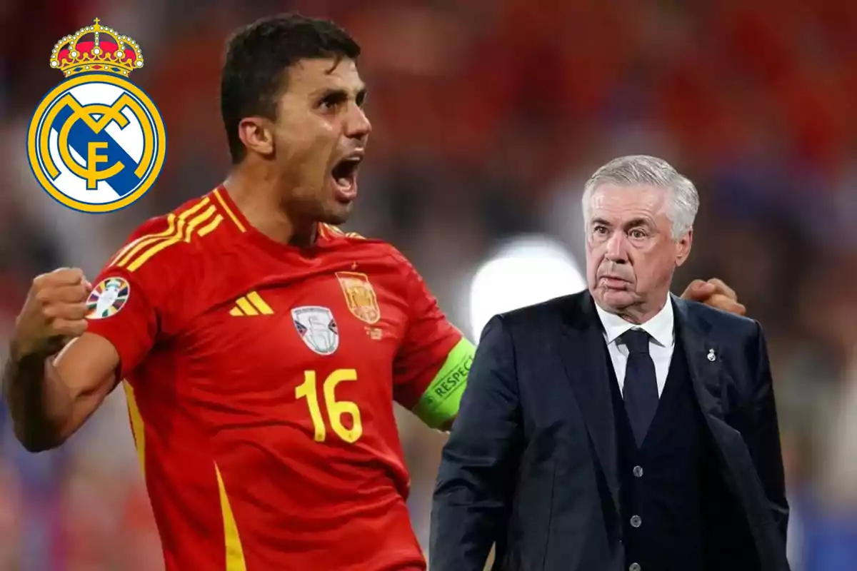 Jugador de fútbol con uniforme de España celebrando junto a un entrenador en traje, con el escudo del Real Madrid en el fondo.