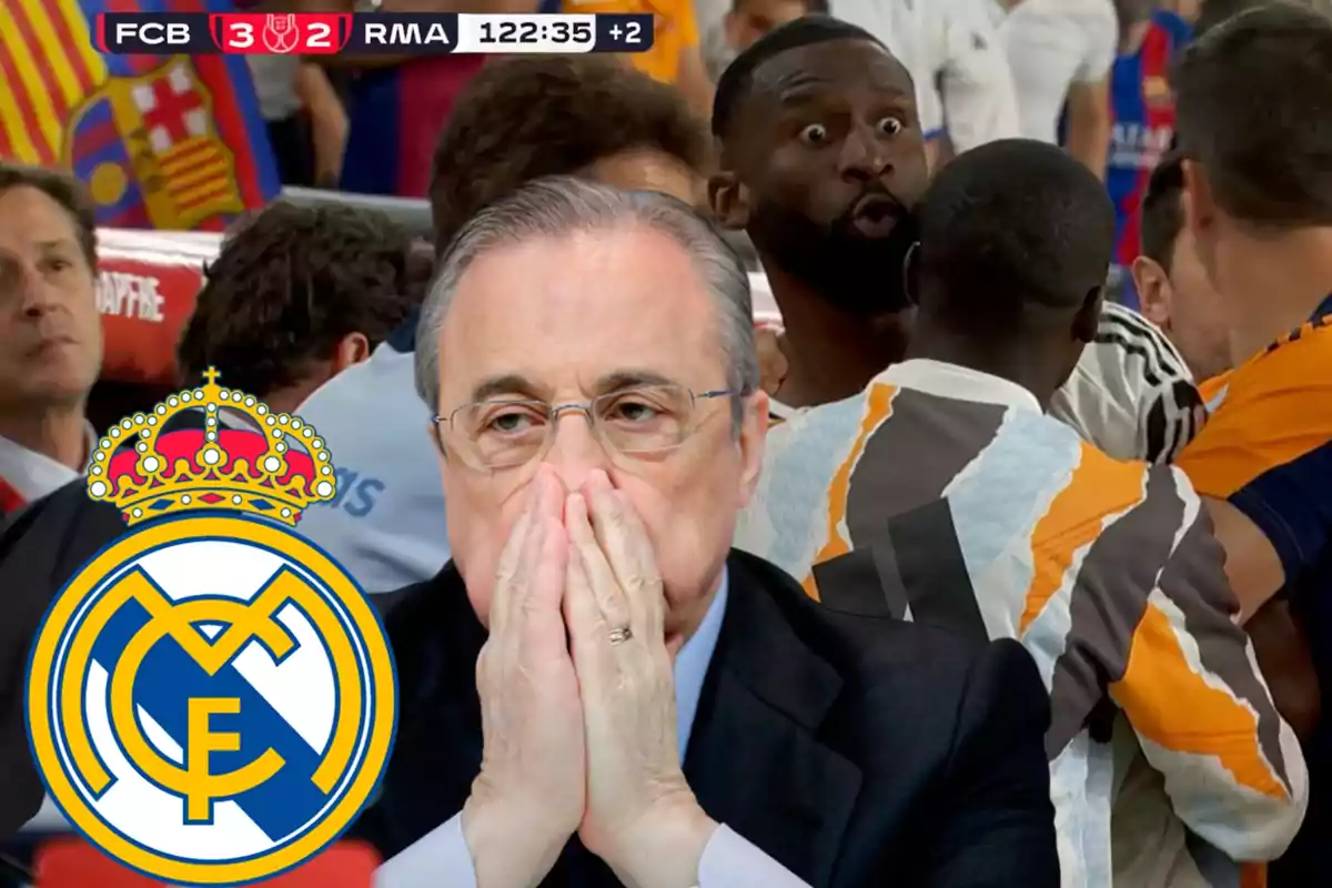 Un hombre con gafas y las manos en la cara aparece en primer plano con el escudo del Real Madrid mientras al fondo se observa a varias personas en un ambiente deportivo con una pantalla que muestra el marcador de un partido entre FCB y RMA.