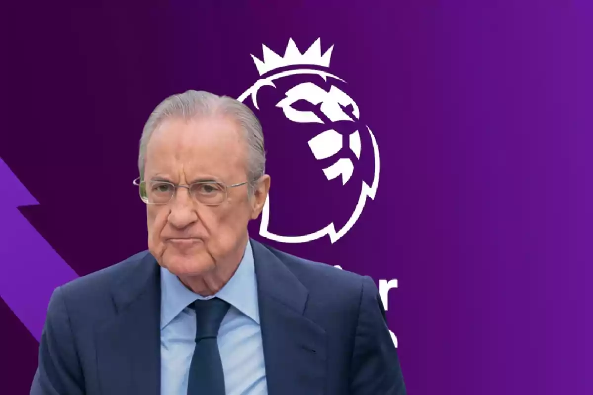 Un hombre con traje y corbata frente a un fondo morado con el logo de la Premier League.