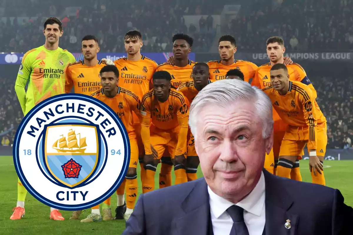 Un equipo de fútbol con uniforme naranja posando en el campo, con un escudo del Manchester City superpuesto y un hombre de traje en primer plano.