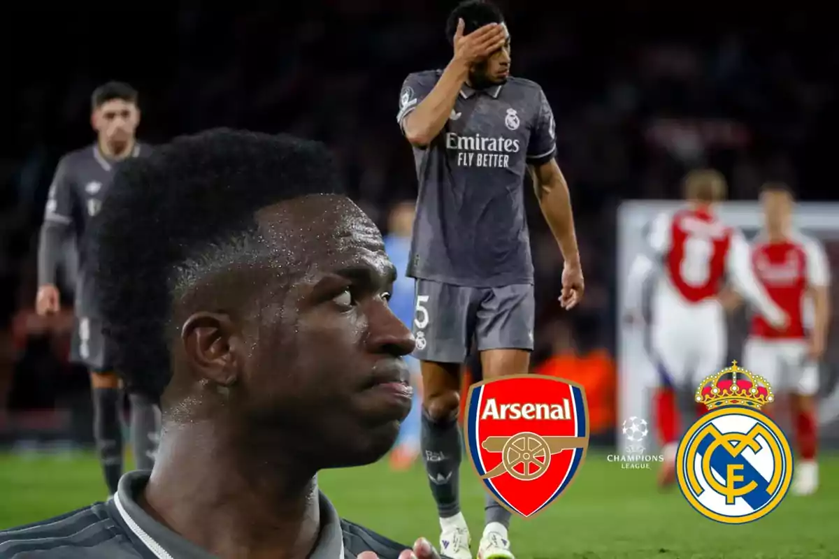 Un jugador de fútbol del Real Madrid con expresión seria en primer plano, mientras otro jugador del mismo equipo se cubre el rostro en el fondo; se ven los escudos del Arsenal y del Real Madrid junto al logo de la Champions League.