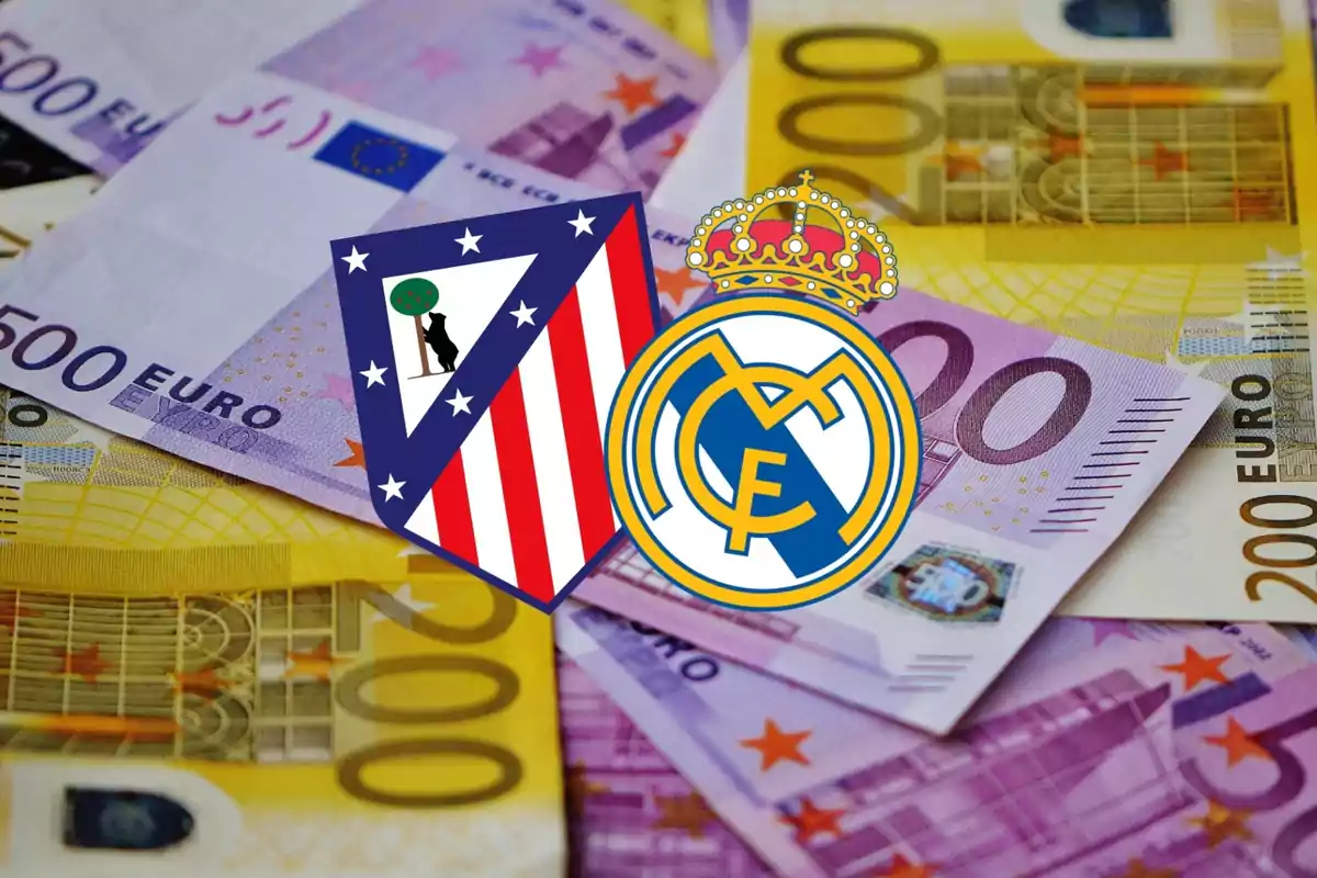 Logos del Atlético de Madrid y Real Madrid sobre billetes de euro.