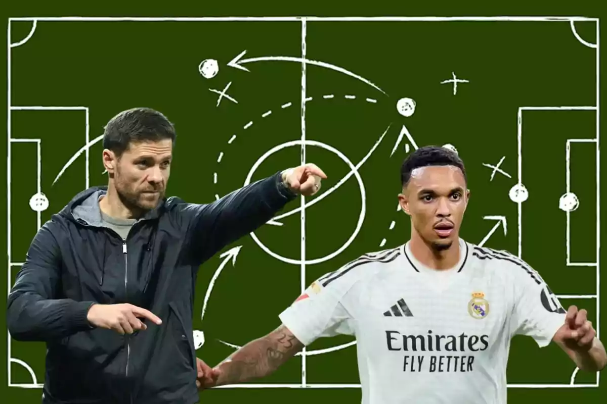 Un entrenador y un jugador de fútbol están frente a un fondo de pizarra táctica con diagramas de jugadas.
