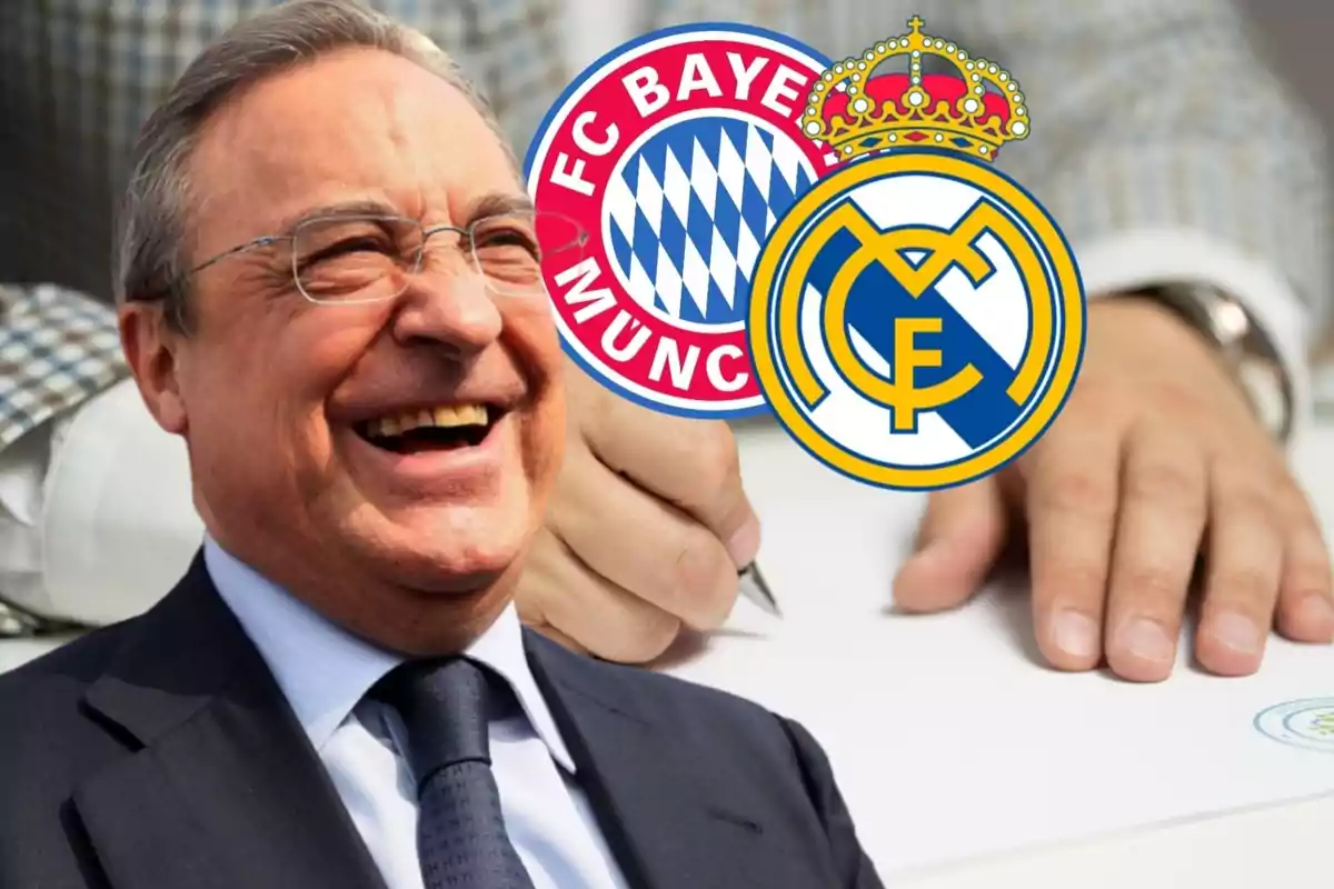 Hombre sonriendo con los logos de FC Bayern Múnich y Real Madrid en el fondo.