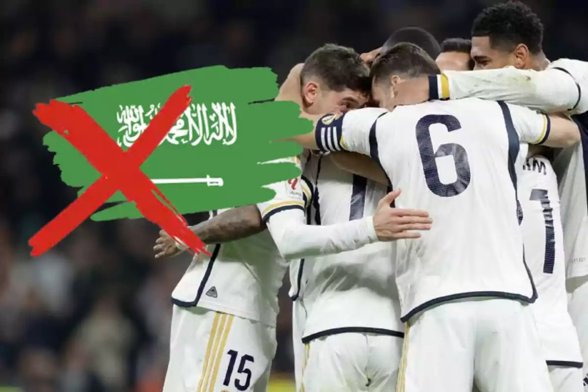 Jugadores del Real Madrid con bandera de Arabia Saudí tachada