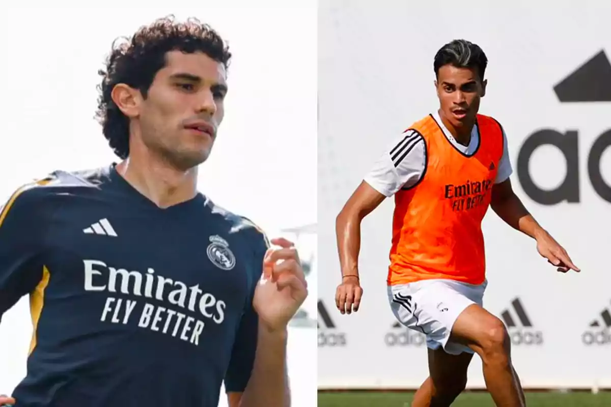 Dos jugadores de fútbol del Real Madrid durante un entrenamiento, uno con camiseta negra y otro con peto naranja.