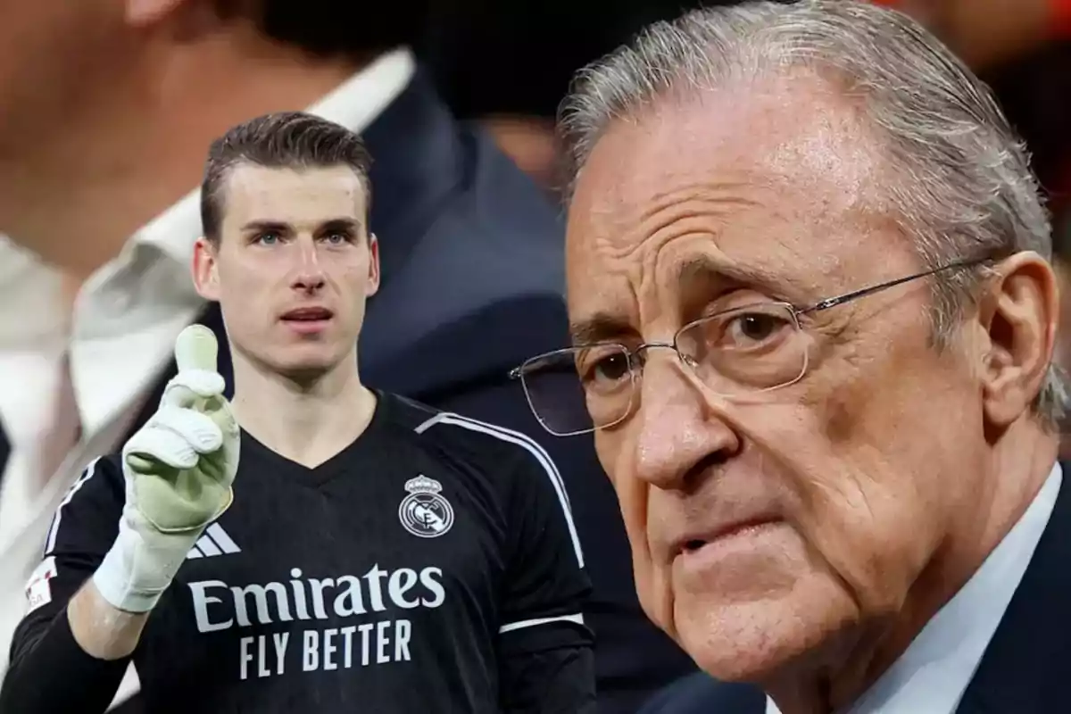 Un portero del Real Madrid con uniforme negro y un hombre mayor con gafas en primer plano.