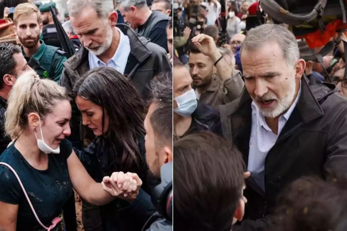 Un grupo de personas se encuentra en una multitud, algunas de ellas mostrando emociones intensas mientras interactúan entre sí.