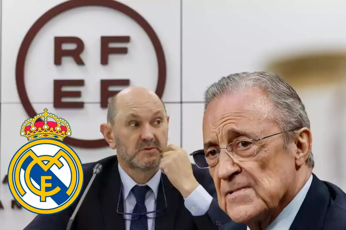 Dos hombres en un entorno de conferencia con el logo de la RFEF y el escudo del Real Madrid.