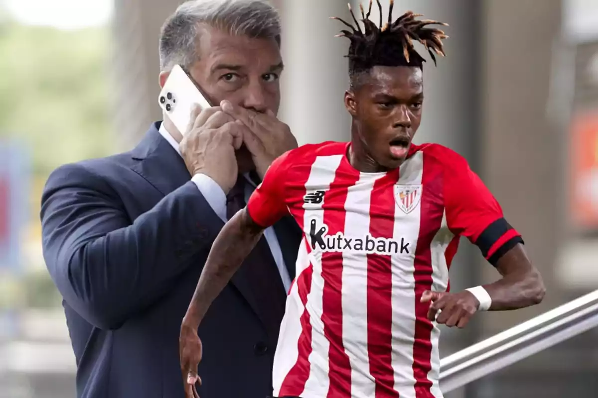 Un hombre de traje hablando por teléfono y un jugador de fútbol con el uniforme del Athletic Club de Bilbao.