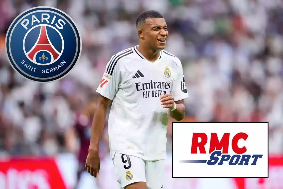 Un jugador de fútbol con uniforme blanco en el campo, con el logo del Paris Saint-Germain y el logo de RMC Sport.