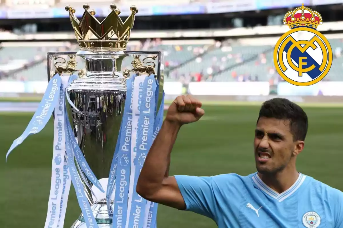 Un jugador del Manchester City celebrando junto al trofeo de la Premier League con el logo del Real Madrid en la esquina superior derecha.