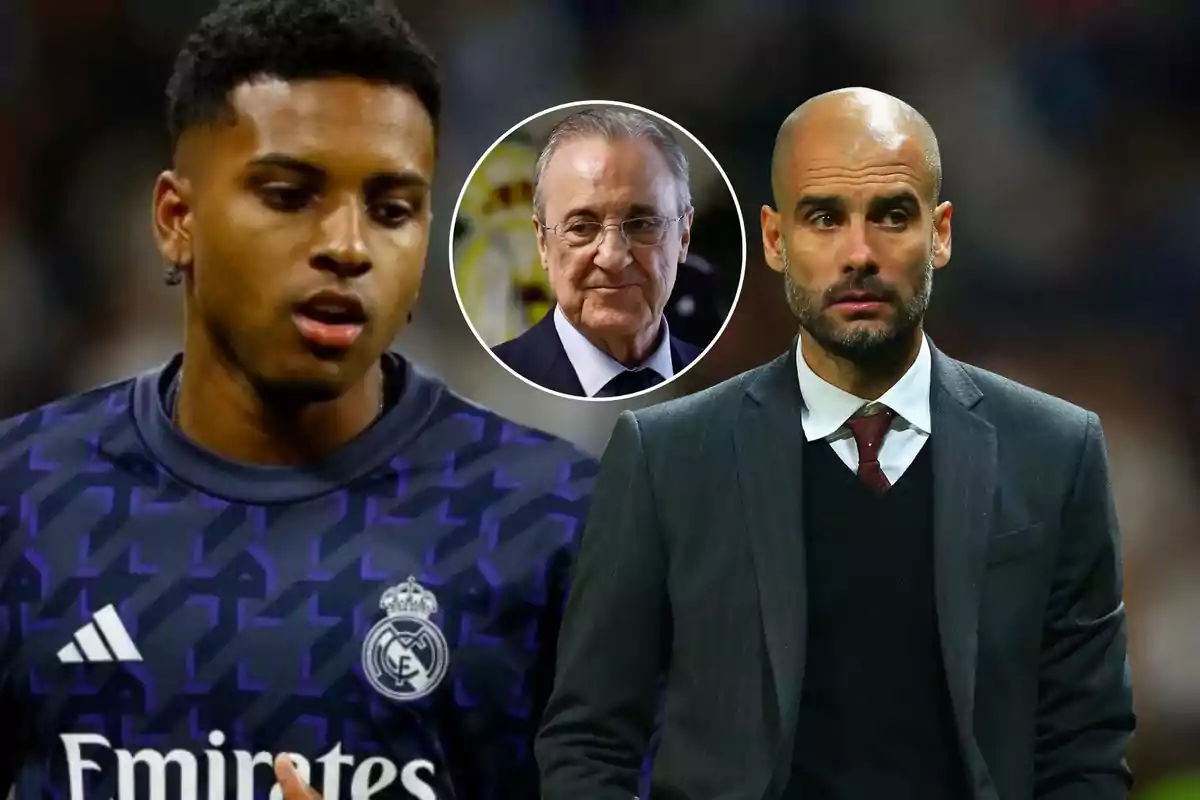 En la imagen se puede ver a un jugador de fútbol con la camiseta del Real Madrid, a un hombre mayor con gafas en un círculo en el centro y a otro hombre calvo con traje y corbata.